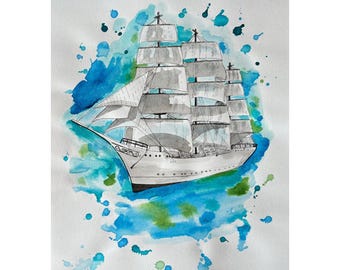 Großsegler Tuschezeichnung: Nautisch Maritime Kunst