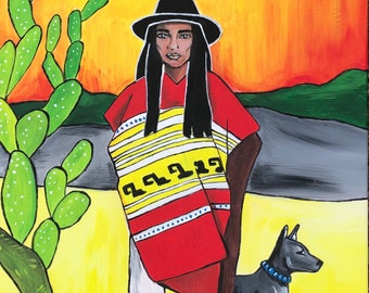 Mexican Native American Indian First Nation indigenous Apache Navajo original painting man portrait dog colorful wall art