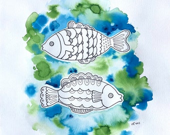 Fish drawing zodiac pisces painting  lineart wall art minimalist drawing carp fish kid nursery room cute decor underwater illustration