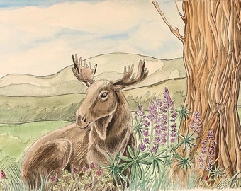 Moose, elk, antlers, watercolor painting, illustration, Sweden, forest, nature, flowers, wall art, home decor, animal