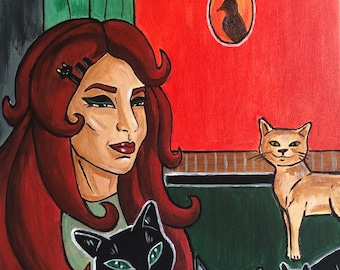Fille chat peinture Original Art femme chat peinture oeuvre colorée Catlady art moderne coloré chat propriétaire cadeau, cadeau pour maman chat, rousse