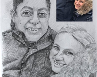 May include: A black and white pencil drawing of a couple. The man is on the left and the woman is on the right. They are both smiling and looking at the viewer. The man is wearing a jacket and the woman is wearing a jacket with a fur collar.
