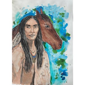 May include: Watercolour painting of a Native American woman with long black hair, wearing a beaded necklace and a brown garment with a deer pattern. She is standing next to a brown horse with a white blaze on its forehead.