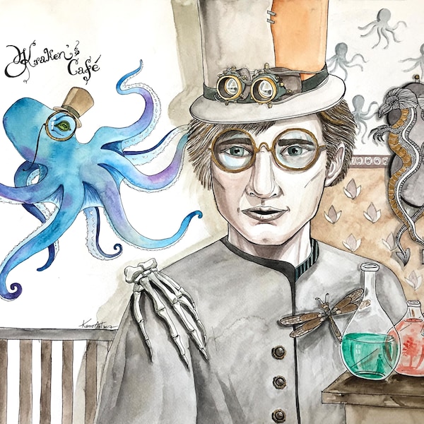 Dr Jekyll mr Hyde watercolor drawing book illustration steampunk wall art gothic home decor kraken painting original Victorian artwork