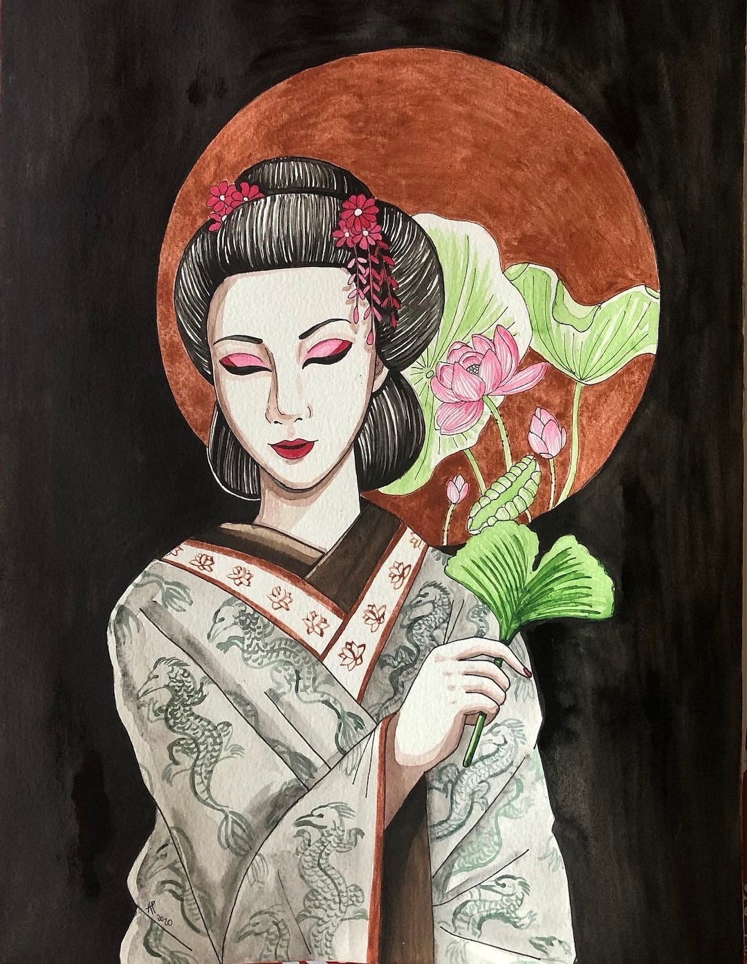 Japonés Arte mural Oriental GEISHA dibujo a mano pintura - Etsy México