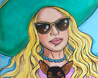 Fabulous glamorous fashionable fashion blond woman painting wall art artwork colorful home decor girl portrait dog drawing sunglasses