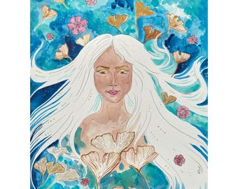 May include: Watercolor painting of a woman with long white hair and a serene expression. The artwork features a blue and teal background with gold and pink floral accents. The woman's hair is intertwined with ginkgo leaves.