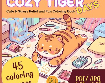 45 Malvorlage gemütliche Tigerkarikatur | Japanische Kawaii Charaktere Entspannend | Druckbare PDF und JPG