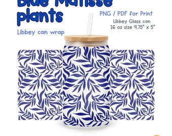 Matisse Pflanzenglasdosenverpackung, blaues botanisches Design (Digitaler Download PNG / PDF)