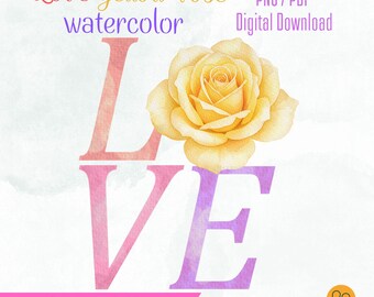 Love Gelbe Rose Aquarell - Romantisches Blumenliebesdesign, kommerzielle Nutzung (PNG / PDF Digital Download)