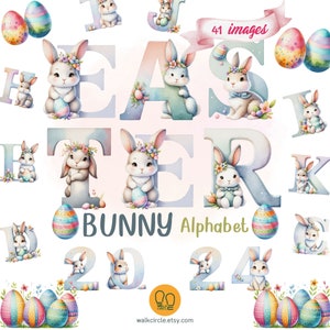 Könnte beinhalten: Aquarell-Illustration eines Hasen-Alphabets mit Ostereiern. Die Buchstaben sind in Pastellfarben mit Hasen, die Eier halten. Die Buchstaben buchstabieren "Easter" und die Zahlen "2024".