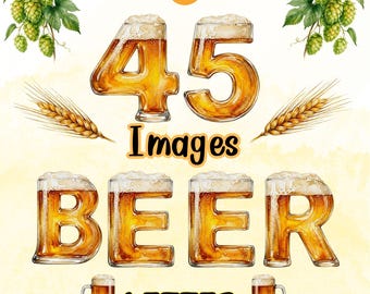 Aquarell Bier Alphabet Zahlen Clipart | Schaumige Tassen, Hopfen, Weizen (Digitaler Download)