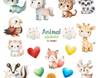 Watercolor animal alphabet babies Clipart. Alphabet animal  Nursery art, wall decor. Unicorn, lion, panda, Walrus, Fox, Narwhal, creatures
