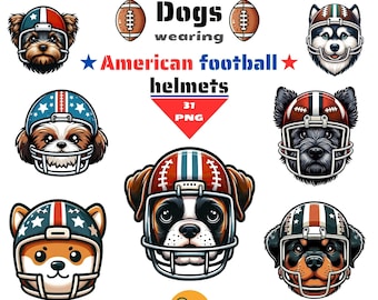 Dogs wearing American football helmets, PNG clipart, transparent background, for dog shirts, American football shirts, dog lover gifts.