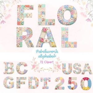 Alfabeto de patchwork con motivos florales, letras de tela estilo shabby chic y números estilo cottagecore (descarga digital).