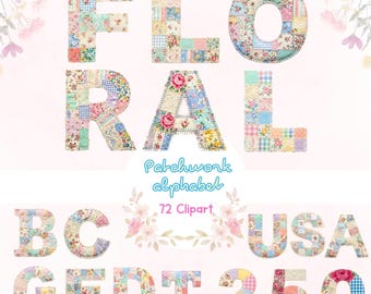 Patchwork Alphabet, Blumen Clipart, Shabby Chic Buchstaben, Cottagecore Zahlen (digitaler Download)
