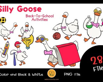 Può includere: Una collezione di oche dei cartoni animati in varie pose, ognuna con un papillon. Alcune oche tengono in mano un pallone da calcio, una matita, una lampadina e un libro. L'immagine include il testo "Silly Goose Back-To-School Activities" e "28 File".