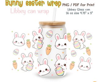 Bunny Libbey 16oz Glasdosenverpackung - Kawaii Ostern Sublimation (Digitaler Download PNG / PDF)