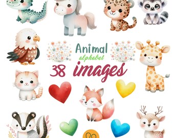 Aquarell Tier Alphabet Cliparts, Kinderzimmer Deko (digitaler Download)