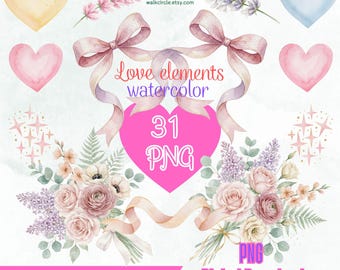 31 PNG Liebe Elemente Aquarell - Romantisches Blumen Clipart Set, kommerzielle Nutzung (Digitaler Download)