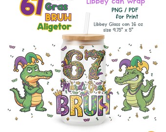 Mardi Gras Aligetor Libbey burkplast, BRUH-design, sex sju (digital nedladdning PNG/PDF)