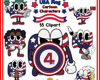 Retro USA Flag Cartoon Characters 4th of July Clipart Vintage Patriotic July 4th PNG Kawaii USA Digital Download