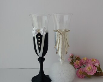 Wedding glasses.Bride and Groom.Wedding toasting. Wedding flutes