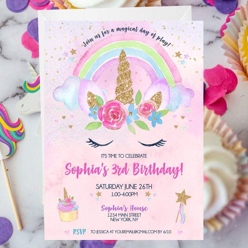 Unicorn Birthday Invitation Unicorn Rainbow Party 1st - Etsy