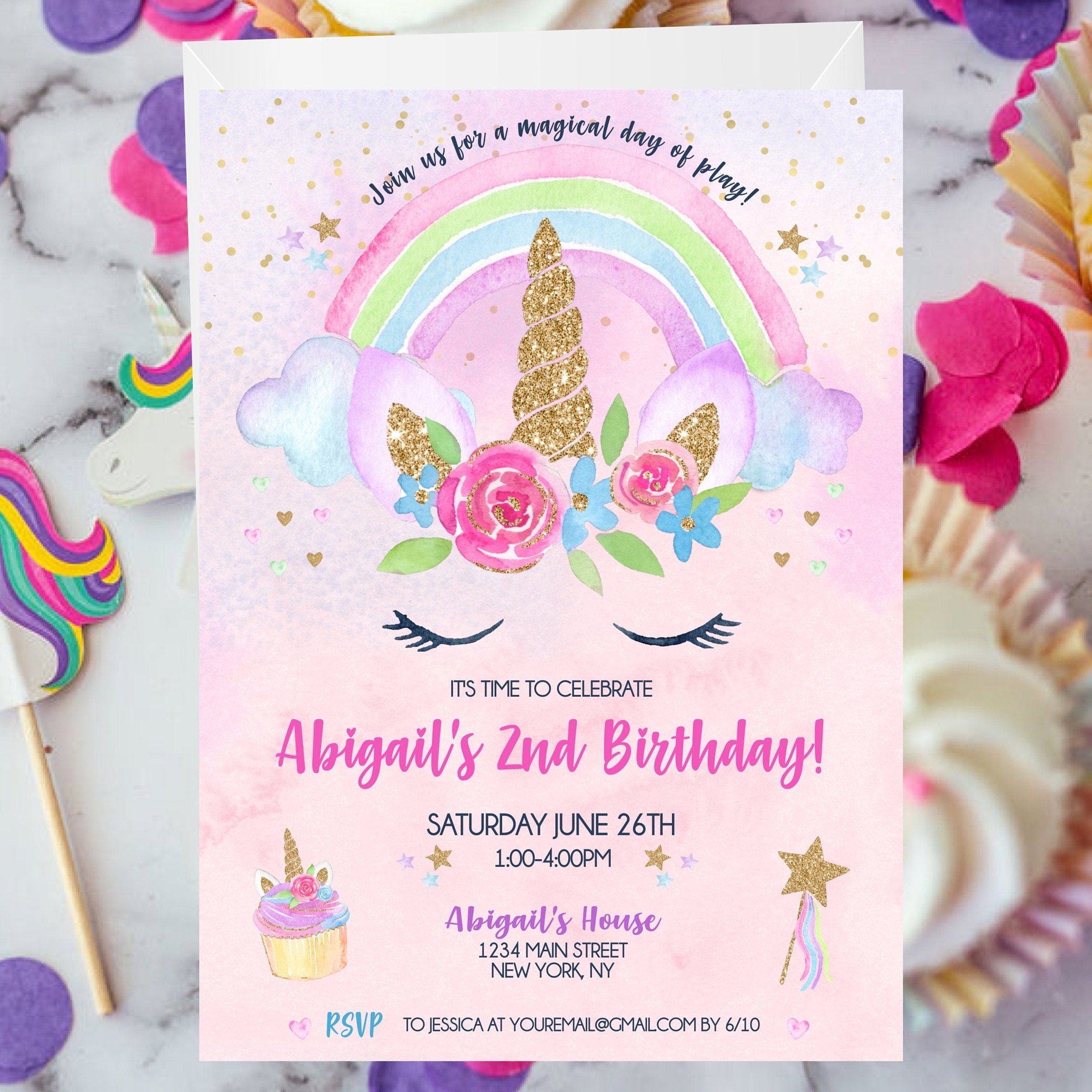 Unicorn Birthday Invitation 2nd Birthday Invitation Girl 