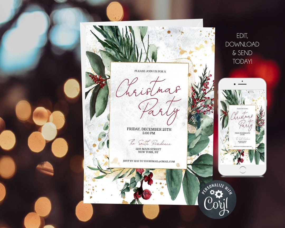 Plantilla editable de invitación floral para fiesta de Navidad en ...