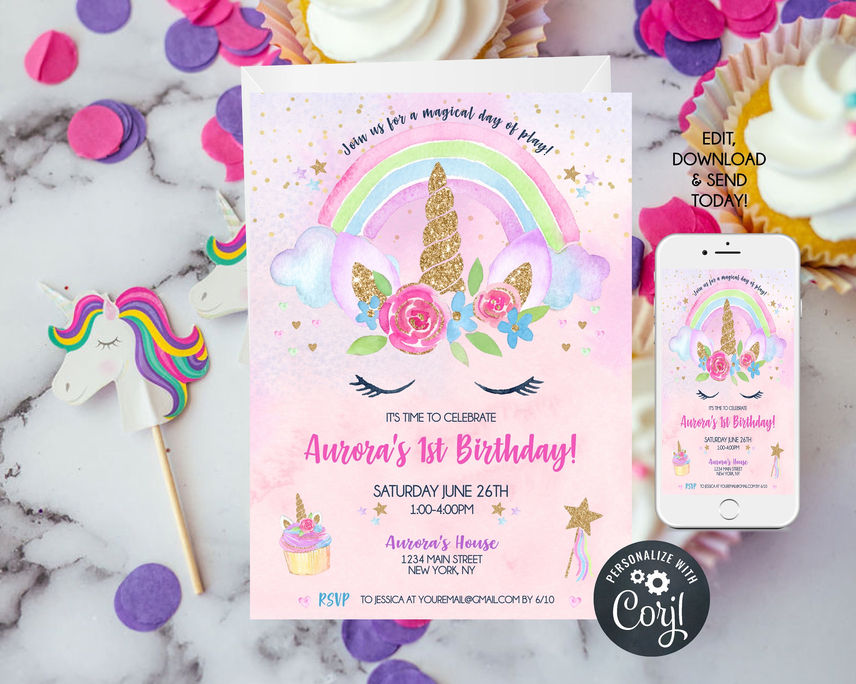 Unicorn 1st Birthday Invitations Unicorn Rainbow Party | Etsy