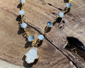 White opal hamsa, Hamsa Evil Eye Gold Necklace,  Bat Mizvah Gift, Jewish Jewelry, Protection Necklace, Spiritual Gift, Custom Necklace