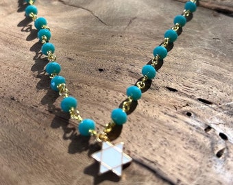 White & Gold Star of David Necklace, Bat Mitzvah Gift, Customize Your Color Chain, Jewish Jewelry, Jewish Star Necklace, Modern Magen David