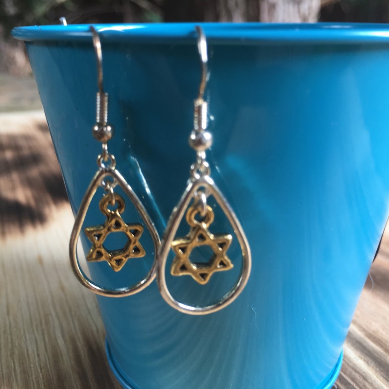 Star of David Earrings Silver and Gold Jewish Star Earrings Bat Mitzvah Gift Jewish Jewelry Sterling Silver Earring Hooks image 1