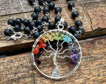 Chakra Tree of Life Necklace- Tree of Life- Chakra Jewelry- Chakra Necklace- Chakra Crystal Necklace - Tree of Life - Black Beaded Necklace