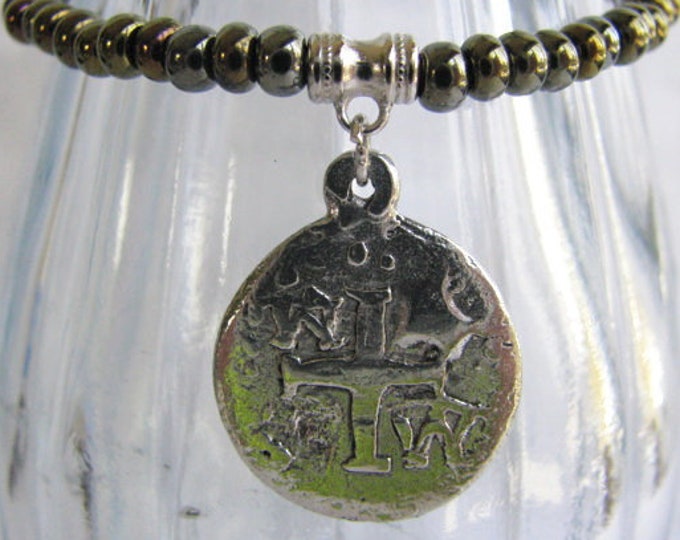 Elastic Assorted Neutral Colors Avail. Czech Seed Bead and Rustic Antique Silver 2-Sided Replica Spanish Coin Cross Charm Bracelet
