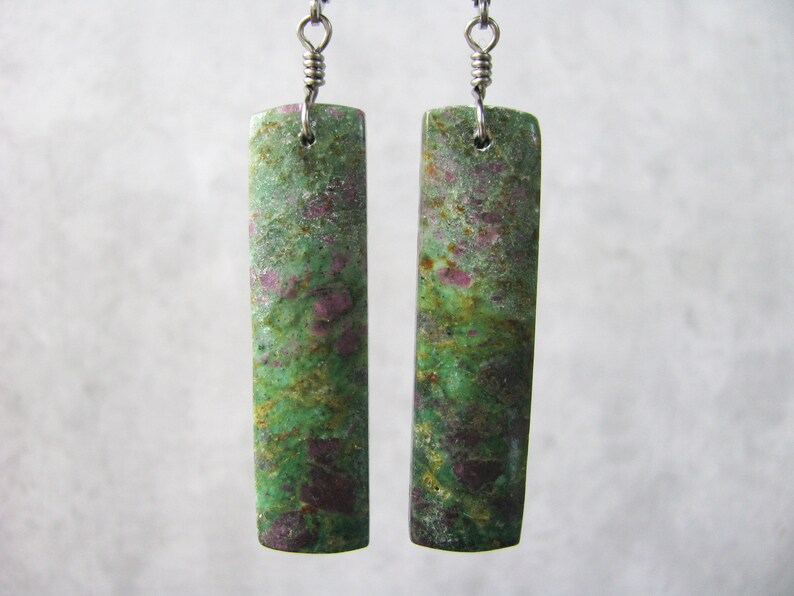 Hypoallergenic Stainless Steel Lever Back Ear Wire Ruby Fuchsite Stone Rectangle Slab Titanium Wire Wrapped Earrings Long