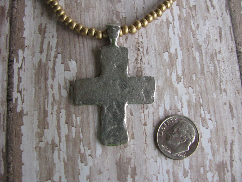 Elastic Large Hammered Cross with Bail Antique Silver Pewter Charm Rustic Assorted Colors Available Czech Seed Bead Necklace