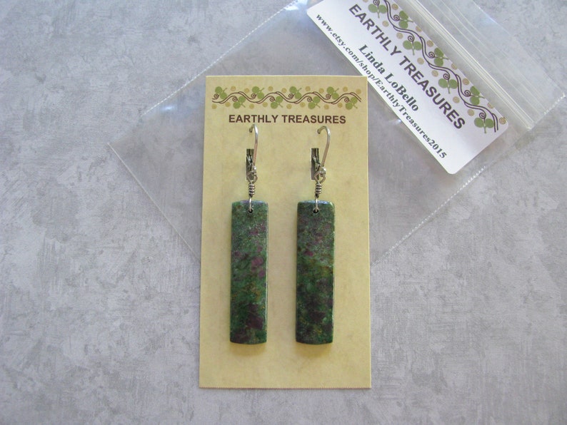Hypoallergenic Stainless Steel Lever Back Ear Wire Ruby Fuchsite Stone Rectangle Slab Titanium Wire Wrapped Earrings Long