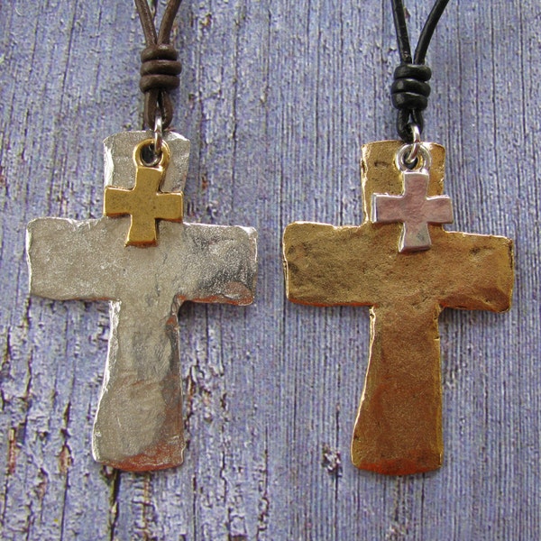 Boho Chic, Rustic Antique Silver or Gold Plated Pewter Large Hammered & Square Cross Combo Dangle Necklace, Brown or Black Leather Available