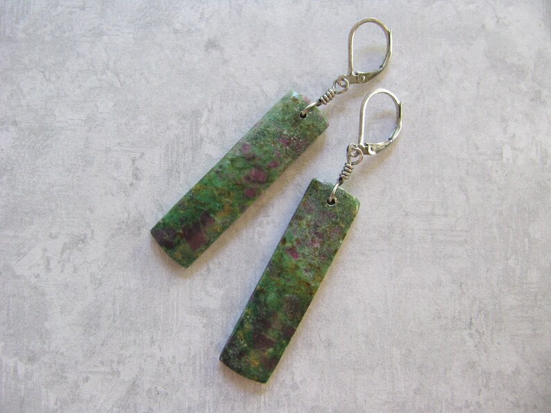 Hypoallergenic Stainless Steel Lever Back Ear Wire Ruby Fuchsite Stone Rectangle Slab Titanium Wire Wrapped Earrings Long