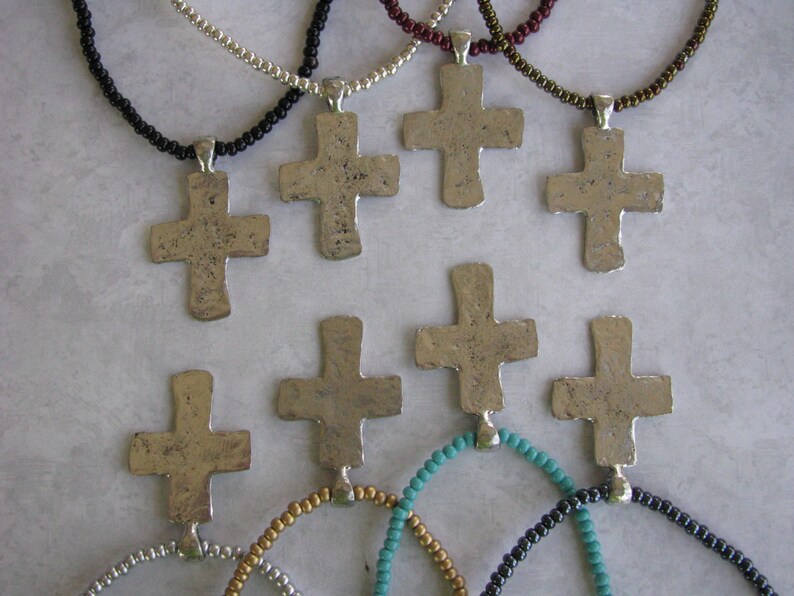 Elastic Large Hammered Cross with Bail Antique Silver Pewter Charm Rustic Assorted Colors Available Czech Seed Bead Necklace
