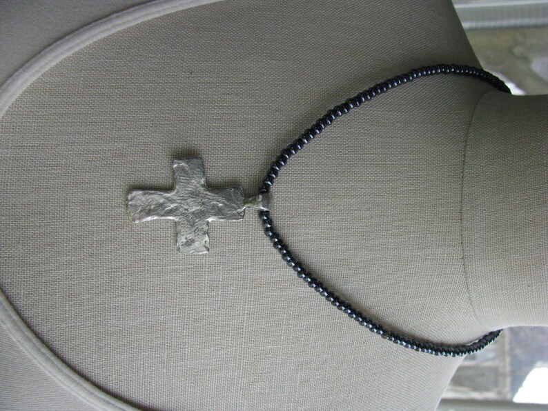 Elastic Large Hammered Cross with Bail Antique Silver Pewter Charm Rustic Assorted Colors Available Czech Seed Bead Necklace