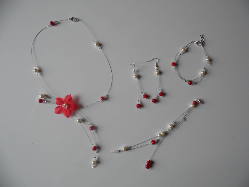 or white bracelet back down back silk flower earrings and jewel flower Redivory bridal set wedding necklace