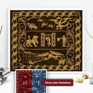 May include: A cross-stitch pattern featuring a lion, a dragon, a castle, and a knight. The pattern is in a gold color on a dark green background. Three color variations are shown in the bottom of the image.
