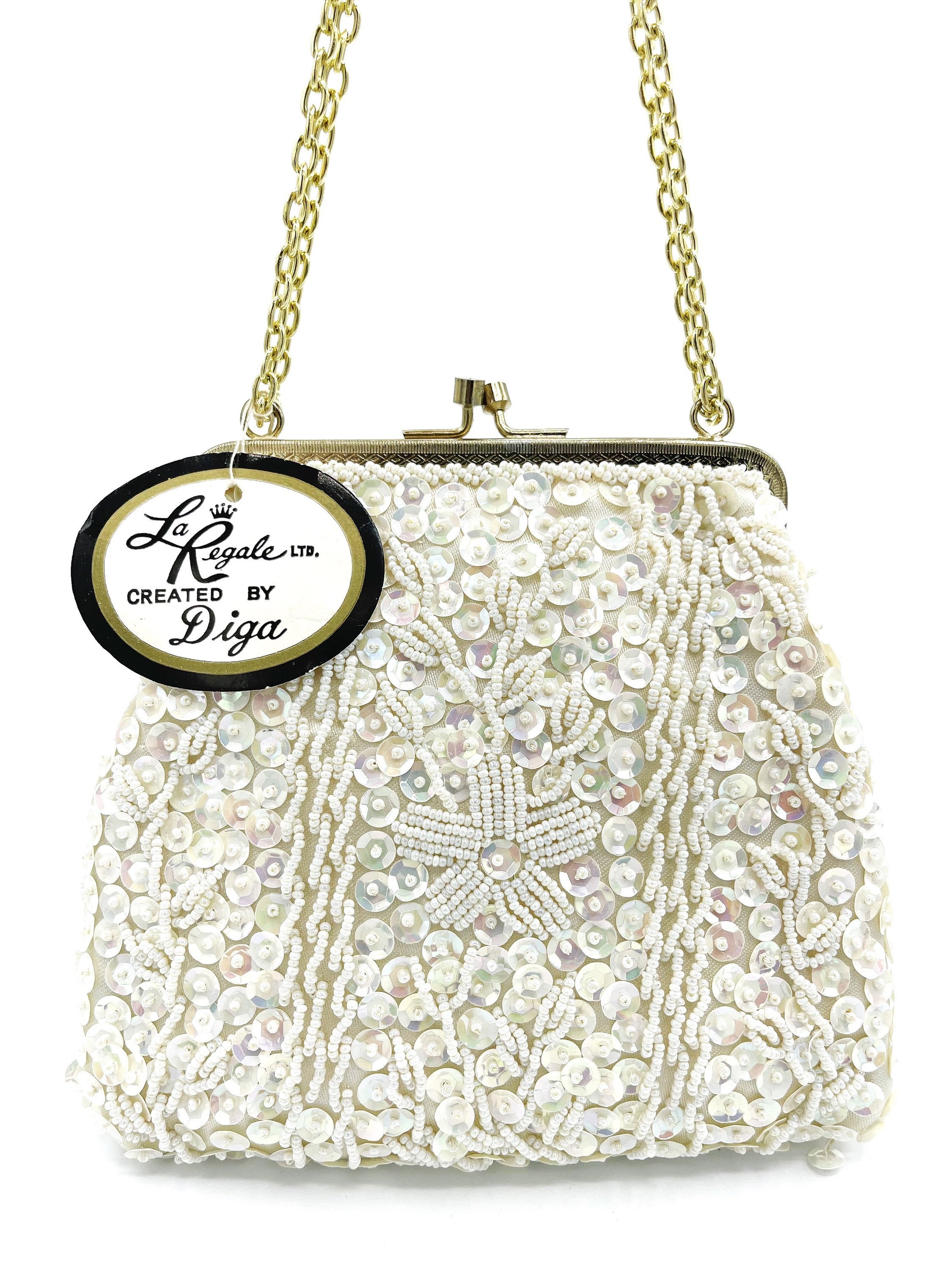 La Regale, Bags, Vintage La Regale Ltd White Beaded Evening Bag With Gold  Chain Strap