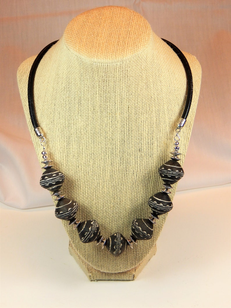 N154 Black White and Silver African Beaded Necklace