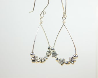 Silver Daisy Teardrop Hoop Earrings (E97)