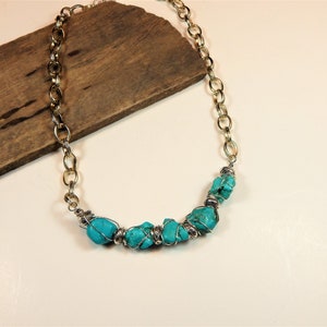 Turquoise Howlite Wire Wrapped Nugget and Chain Necklace (N39)