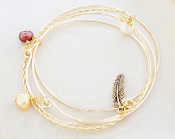Gold Wire Bangles with Pearls and Charms (B13)